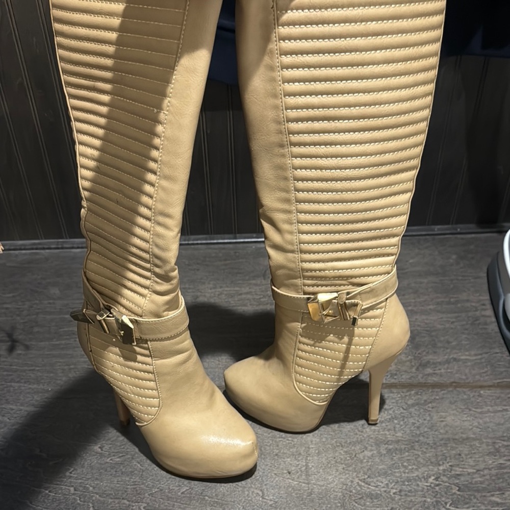 Beige Quilted High-Heel Knee Boots - Fashion Brand